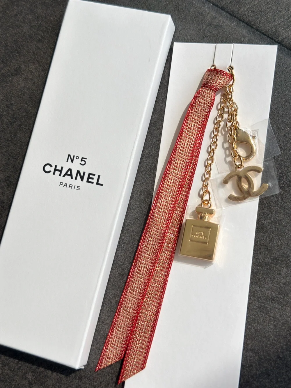 New CHANEL Novelty Gold CC & Perfume Bottle Charm with Red Ribbon